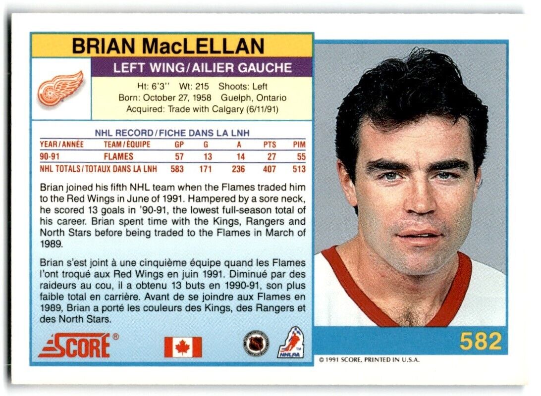 1991-92 Score Canadian Bilingual Brian MacLellan Detroit Red Wings #582