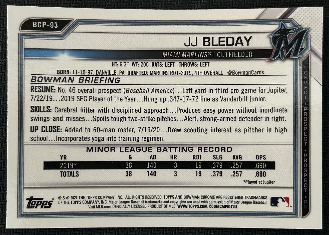 2021 Bowman Chrome Prospects JJ Bleday Miami Marlins #BCP-93