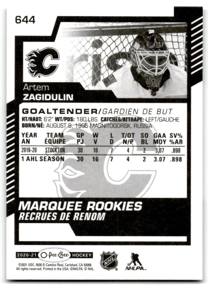 2020-21 O-Pee-Chee Markee Rookies Artem Zagidulin Rookie Calgary Flames #644