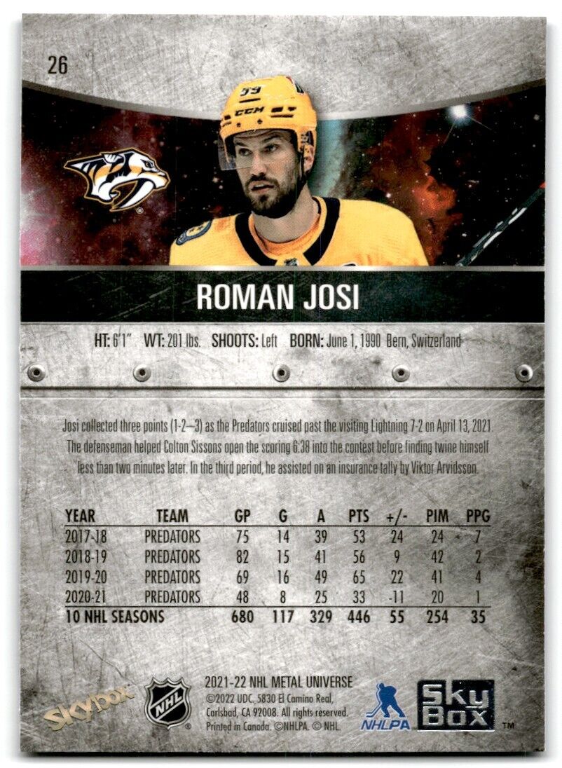 2021-22 Skybox Metal Universe Roman Josi Nashville Predators #26