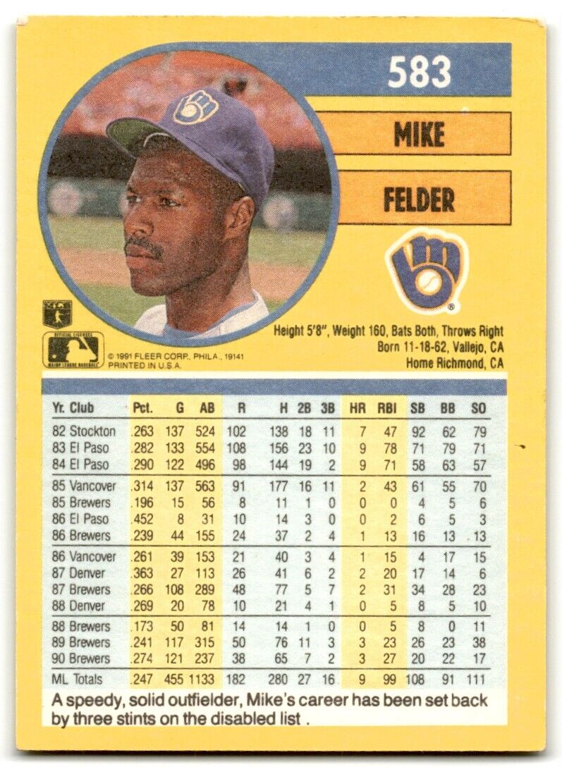 1991 Fleer Mike Felder Milwaukee Brewers #583