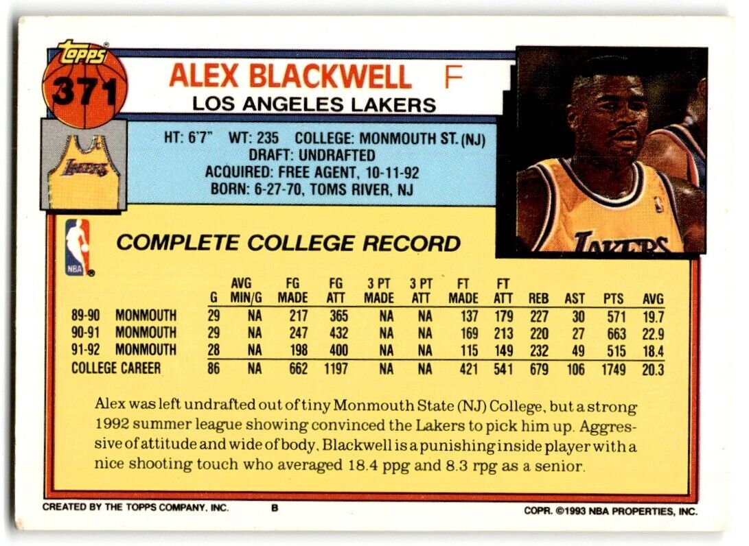 1992-93 Topps Alex Blackwell Rookie Los Angeles Lakers #371