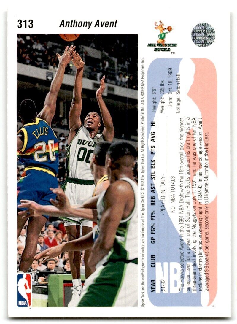 1992-93 Upper Deck Anthony Avent Rookie Milwaukee Bucks #313