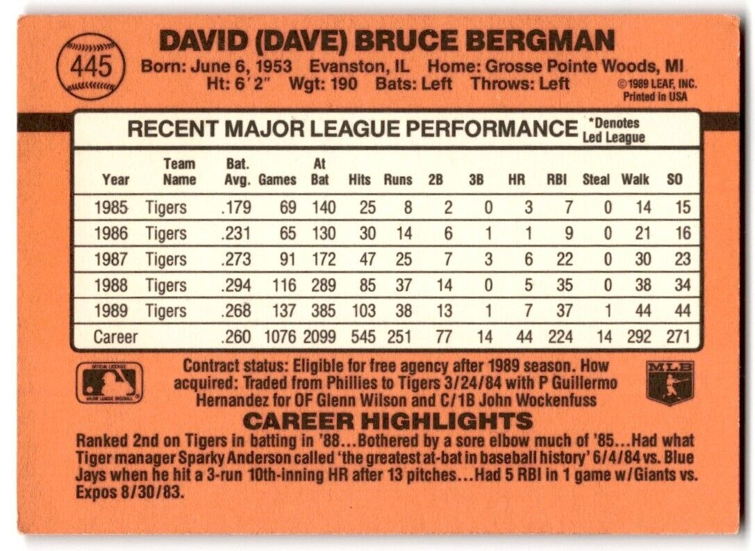 1990 Donruss Dave Bergman Detroit Tigers #445