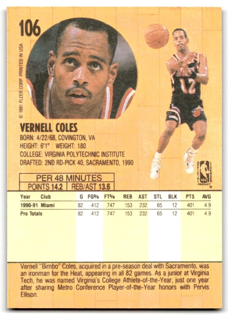 1991-92 Fleer Bimbo Coles Rookie Miami Heat #106