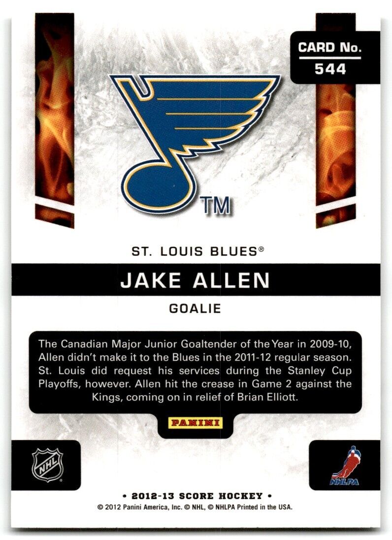 2012-13 Score Hot Rookies Jake Allen Rookie St. Louis Blues #544