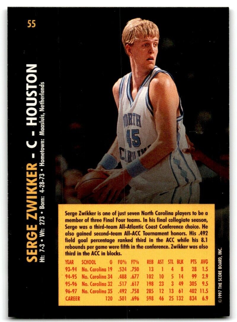 1997-98 Score Board Rookies Serge Zwikker North Carolina Tar Heels #55