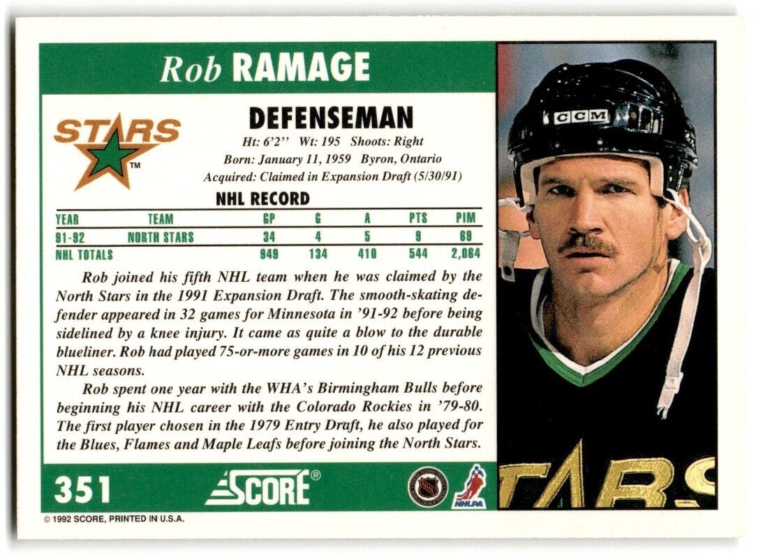 1992-93 Score Rob Ramage Minnesota North Stars #351