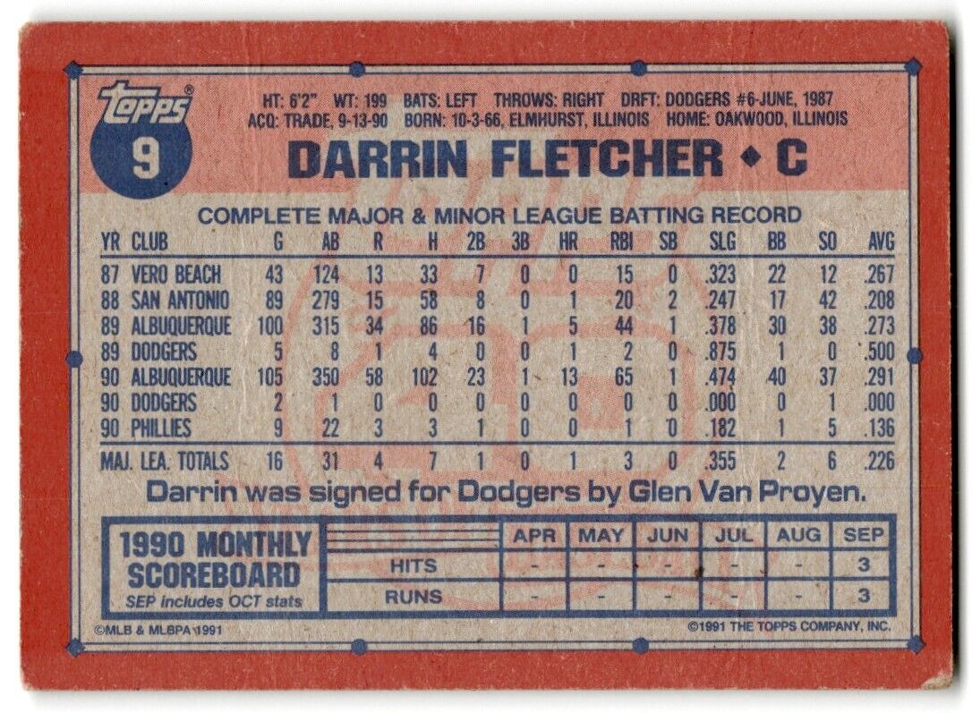 1991 Topps Darrin Fletcher Philadelphia Phillies #9