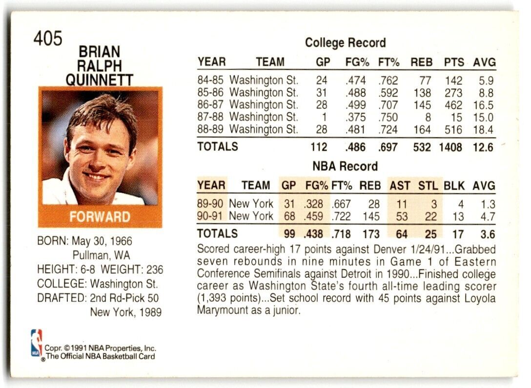 1991-92 Hoops Brian Quinnett New York Knicks #405