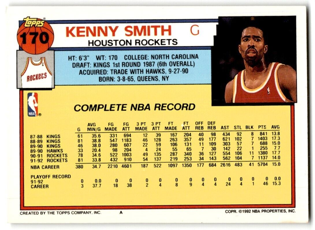 1992-93 Topps Kenny Smith Houston Rockets #170