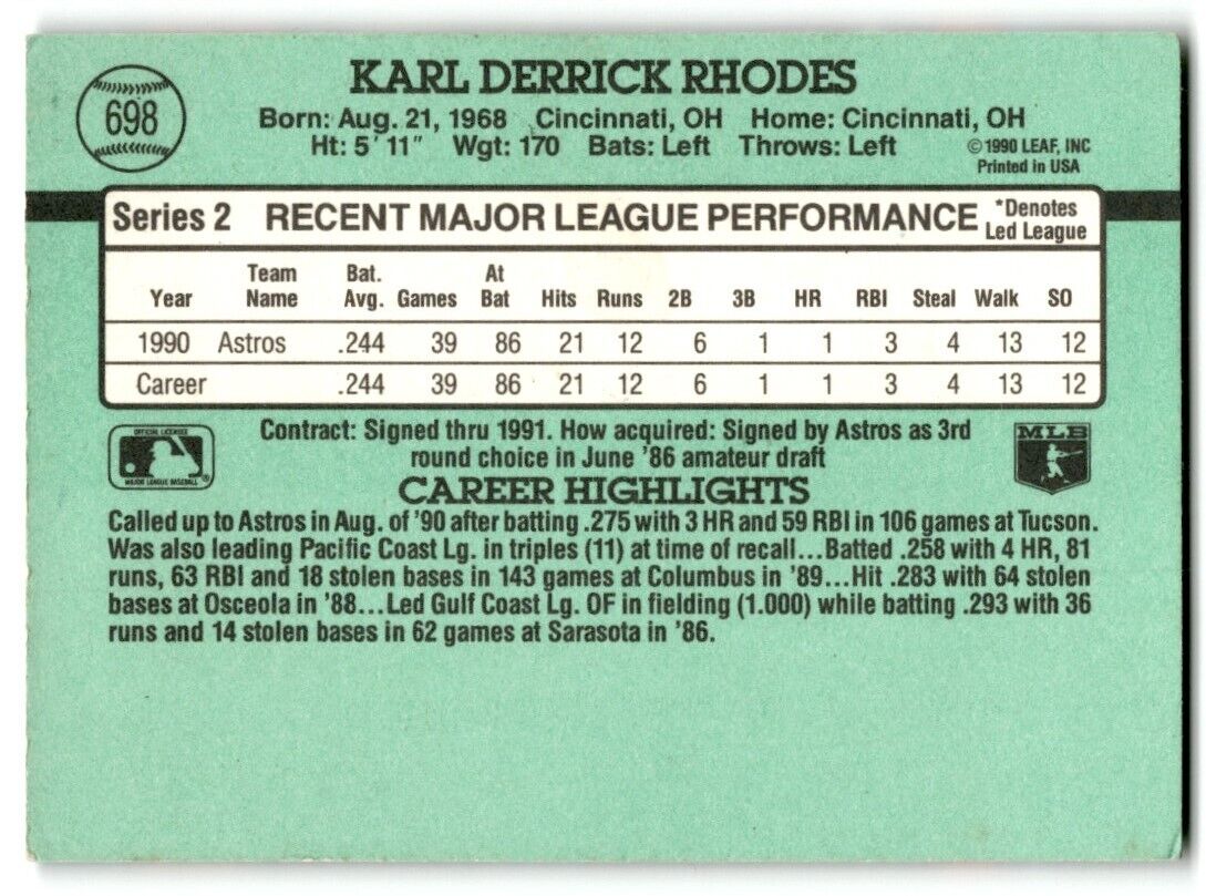 1991 Donruss Karl Rhodes Houston Astros #698