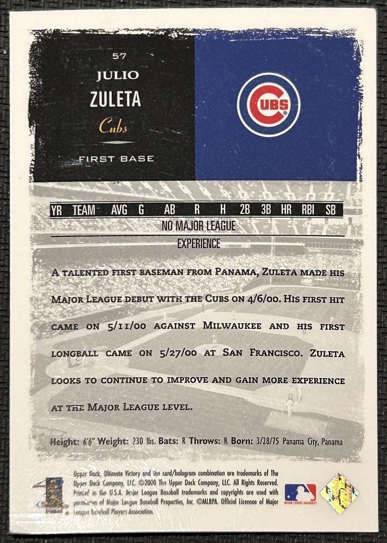 2000 Upper Deck Ultimate Upper Deck Victory Julio Zuleta Rookie Chicago Cubs #57