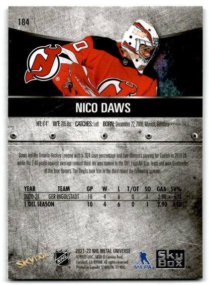 2021-22 Skybox Metal Universe Nico Daws Rookie New Jersey Devils #184