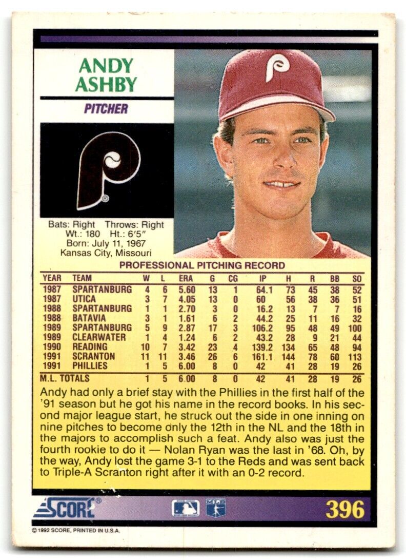 1992 Score Andy Ashby Philadelphia Phillies #396