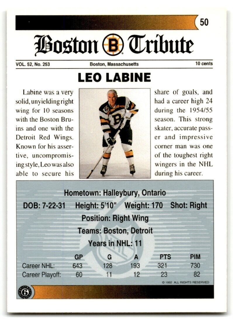 1991-92 Ultimate Original 6 Leo Labine Boston Bruins #50