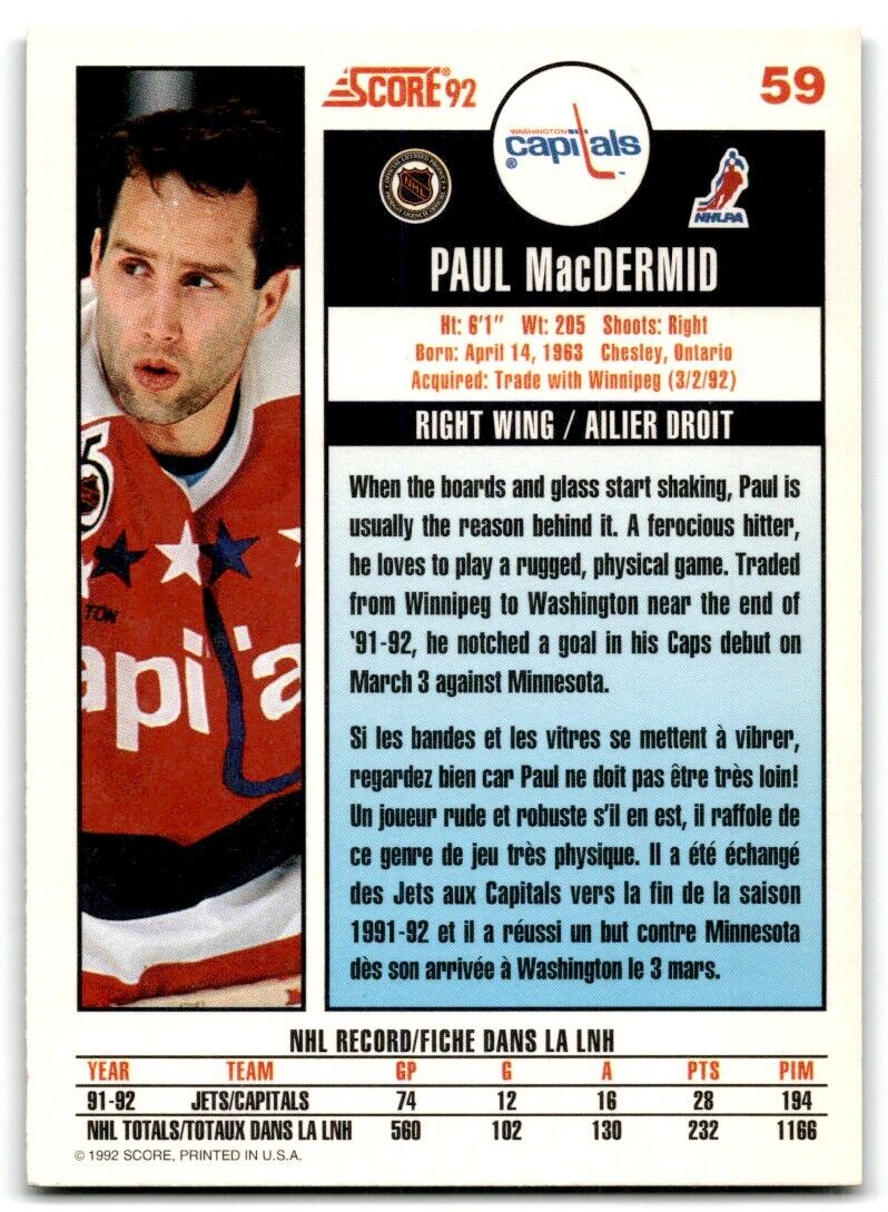 1992-93 Score Paul MacDermid Washington Capitals #59