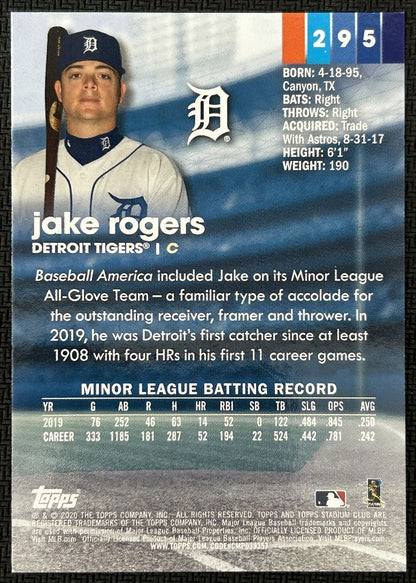 2020 Topps Stadium Club Jake Rogers Rookie Detroit Tigers #295