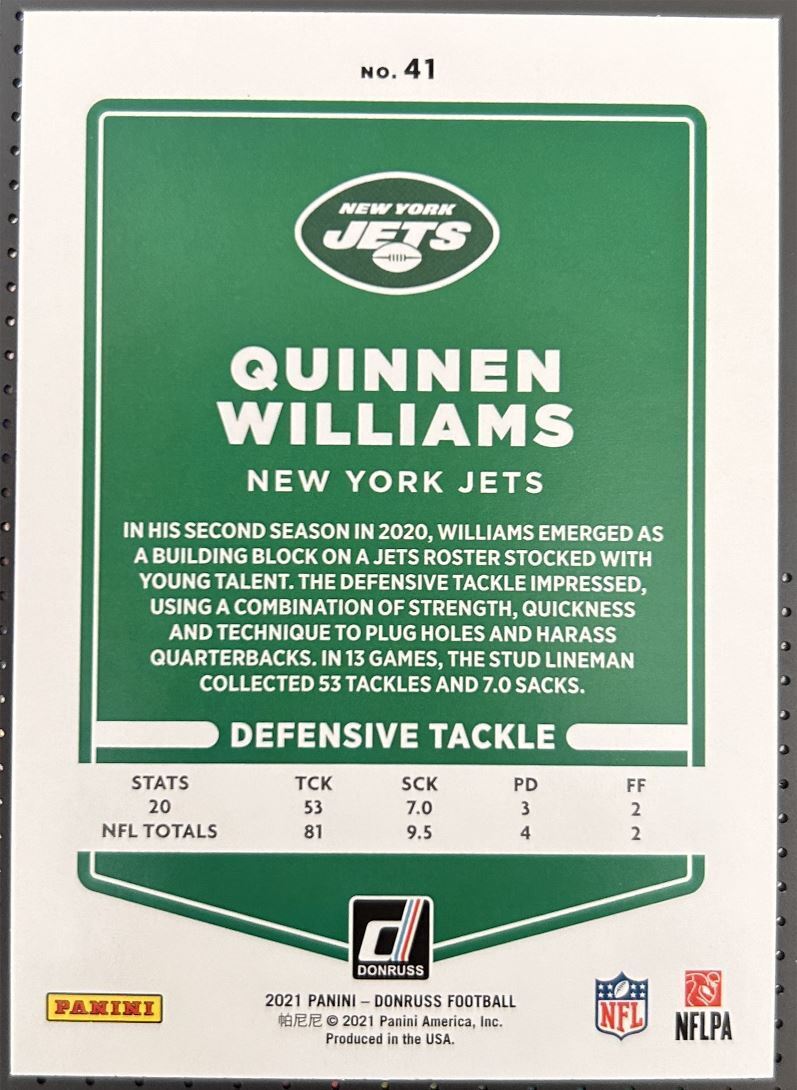 2021 Donruss Press Proof Red Quinnen Williams New York Jets #41 Parallel