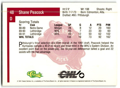 1991-92 Classic Draft Picks Shane Peacock Pittsburgh Penguins #48