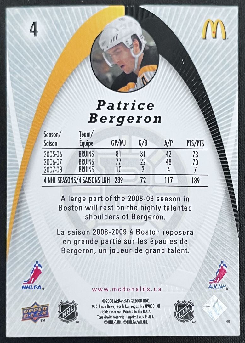 2008-09 McDonald's Upper Deck Patrice Bergeron Boston Bruins #4