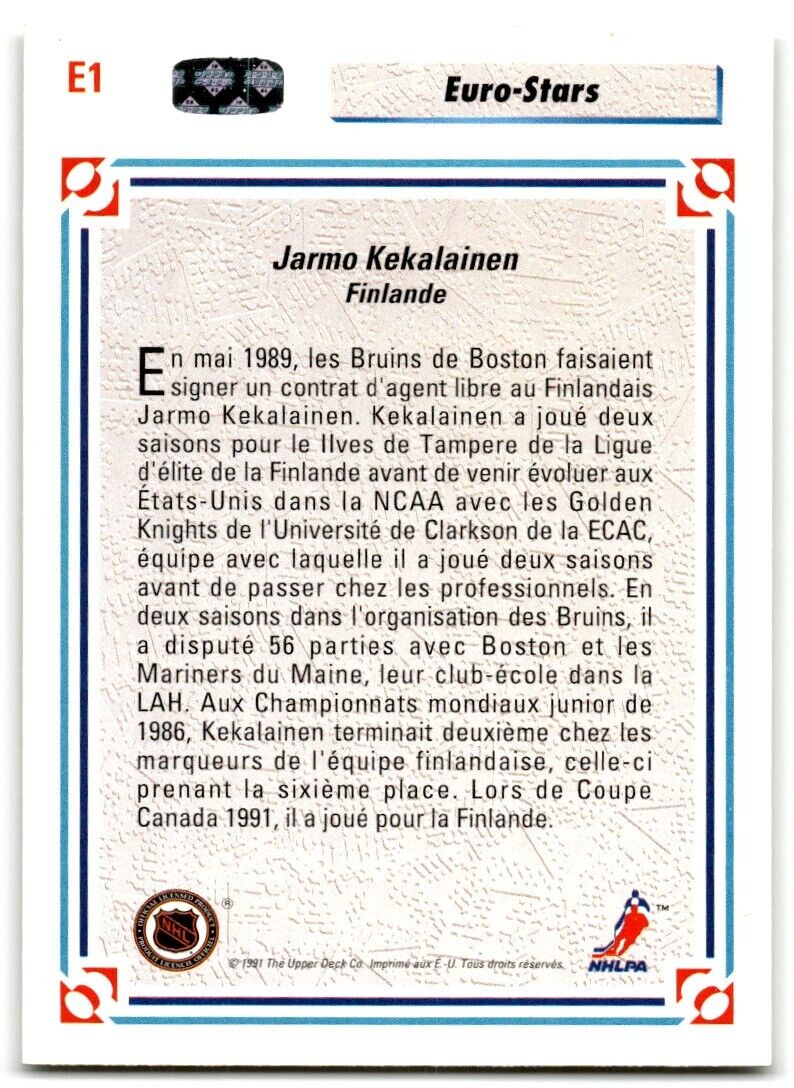 1991-92 Upper Deck French Jarmo Kekalainen Boston Bruins #E1