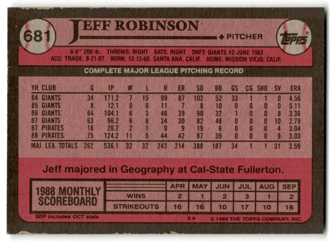 1989 Topps Jeff Robinson Pittsburgh Pirates #681