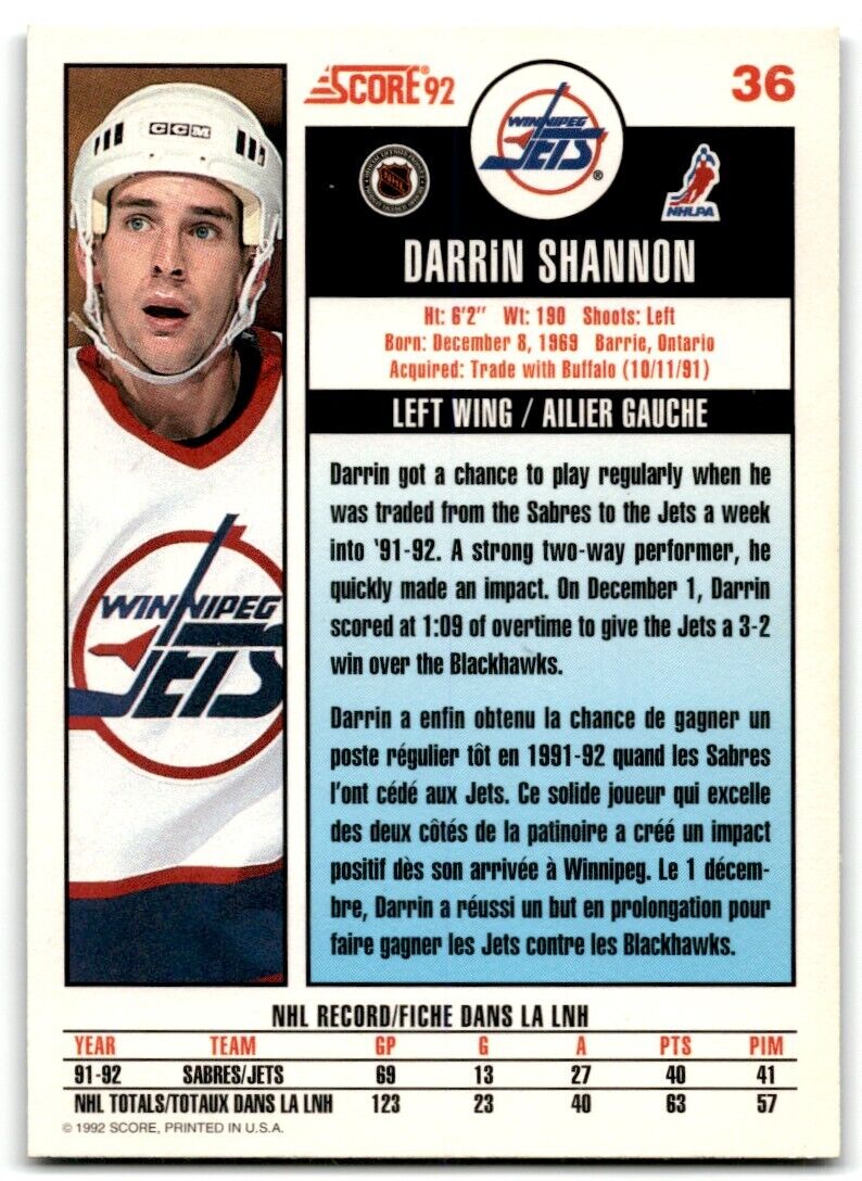 1992-93 Score Darrin Shannon Winnipeg Jets #36