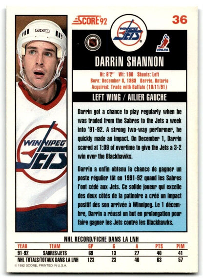 1992-93 Score Darrin Shannon Winnipeg Jets #36