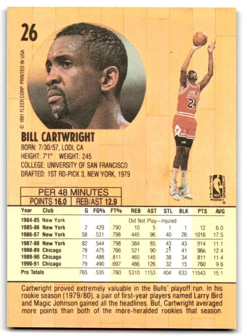 1991-92 Fleer Bill Cartwright Chicago Bulls #26