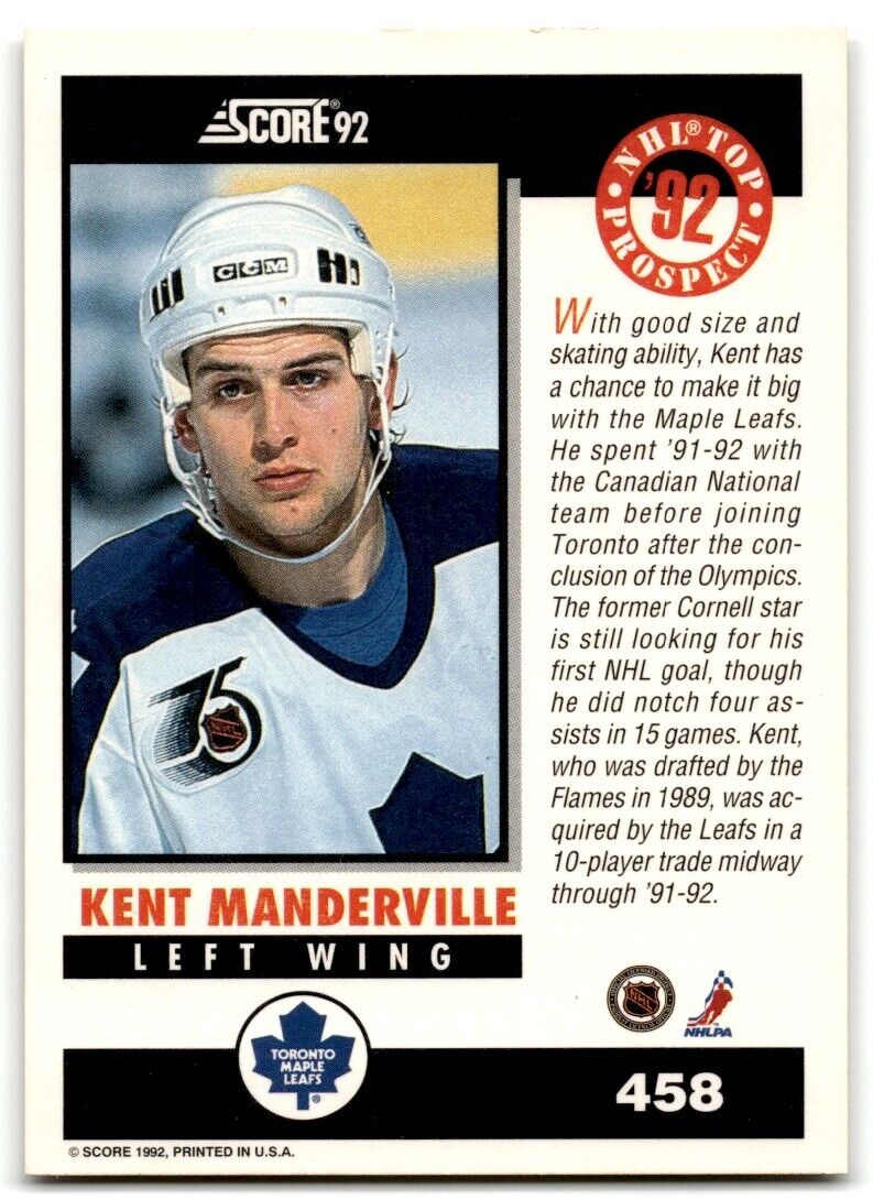 1992-93 Score Kent Manderville Toronto Maple Leafs #458