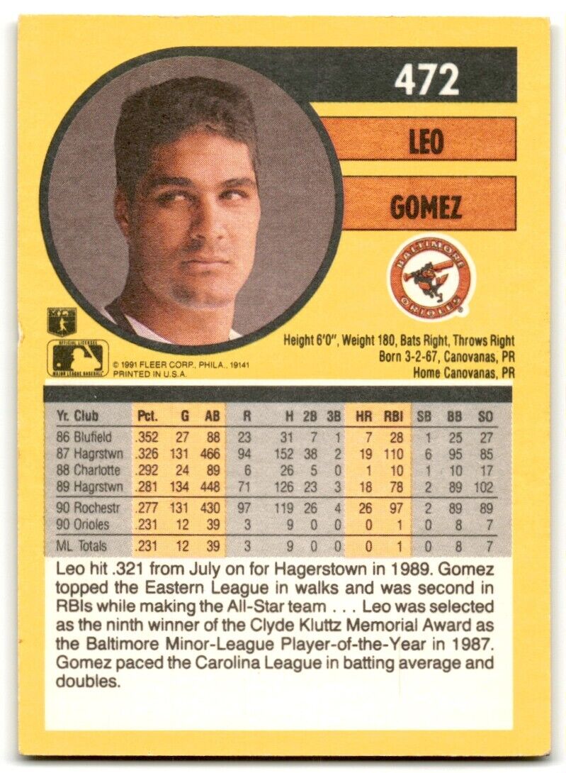 1991 Fleer Leo Gomez Baltimore Orioles #472