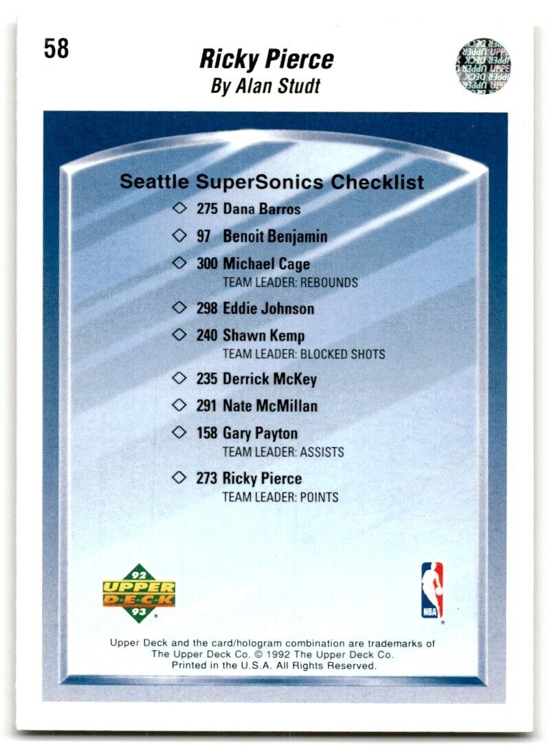 1992-93 Upper Deck Ricky Pierce Seattle SuperSonics #58