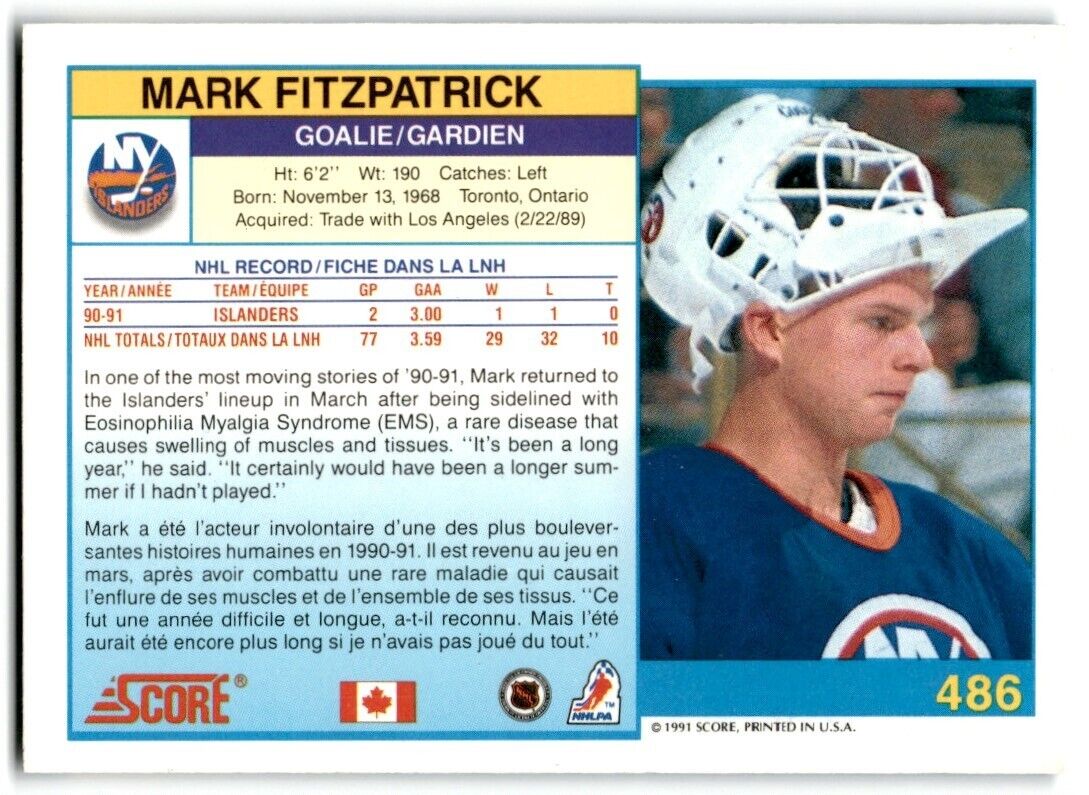 1991-92 Score Canadian Bilingual Mark Fitzpatrick New York Islanders #486