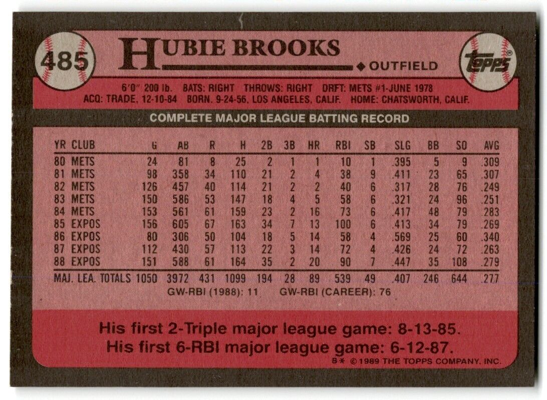 1989 Topps Hubie Brooks Montreal Expos #485