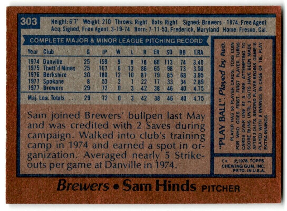 1978 Topps Sam Hinds Rookie Milwaukee Brewers #303