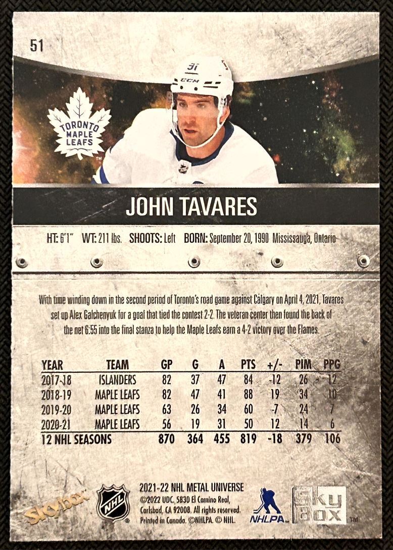 2021-22 Skybox Metal Universe John Tavares Toronto Maple Leafs #51