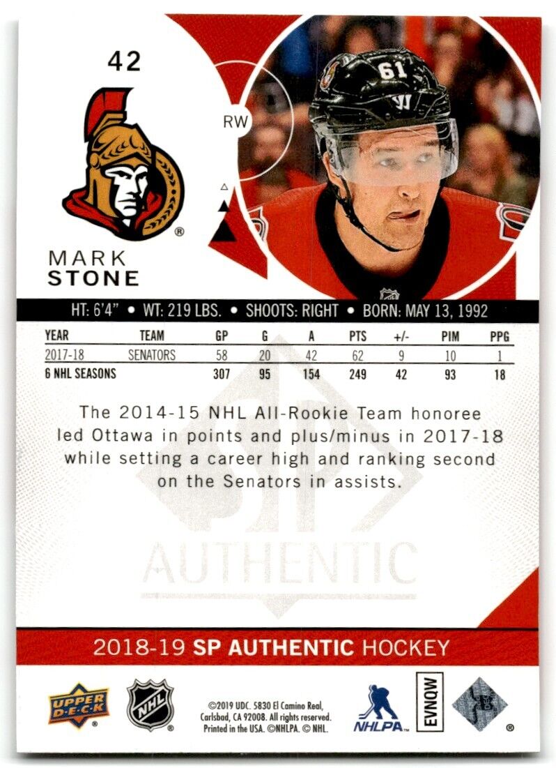 2018-19 SP Authentic Mark Stone Ottawa Senators #42