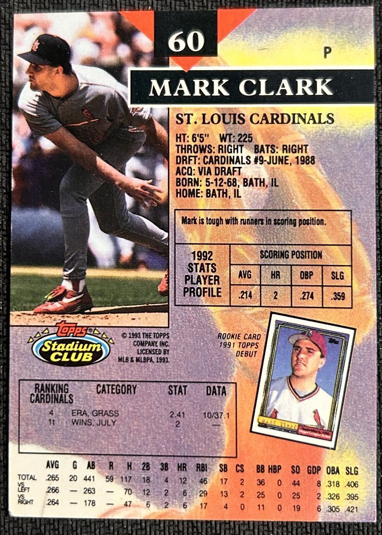 1993 Topps Stadium Club Mark Clark St. Louis Cardinals #60