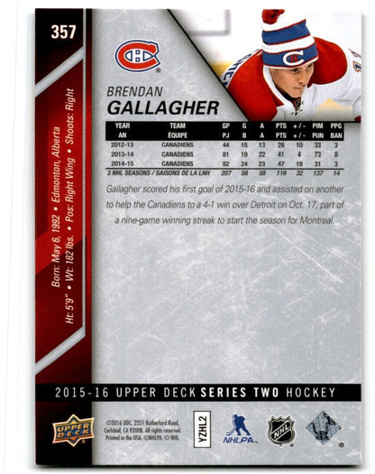 2015-16 Upper Deck Brendan Gallagher Montreal Canadiens #357