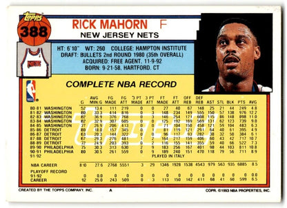 1992-93 Topps Rick Mahorn New Jersey Nets #388