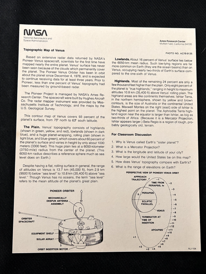 NASA Ames Research Center Topographic Map of Venus 8X10 litho
