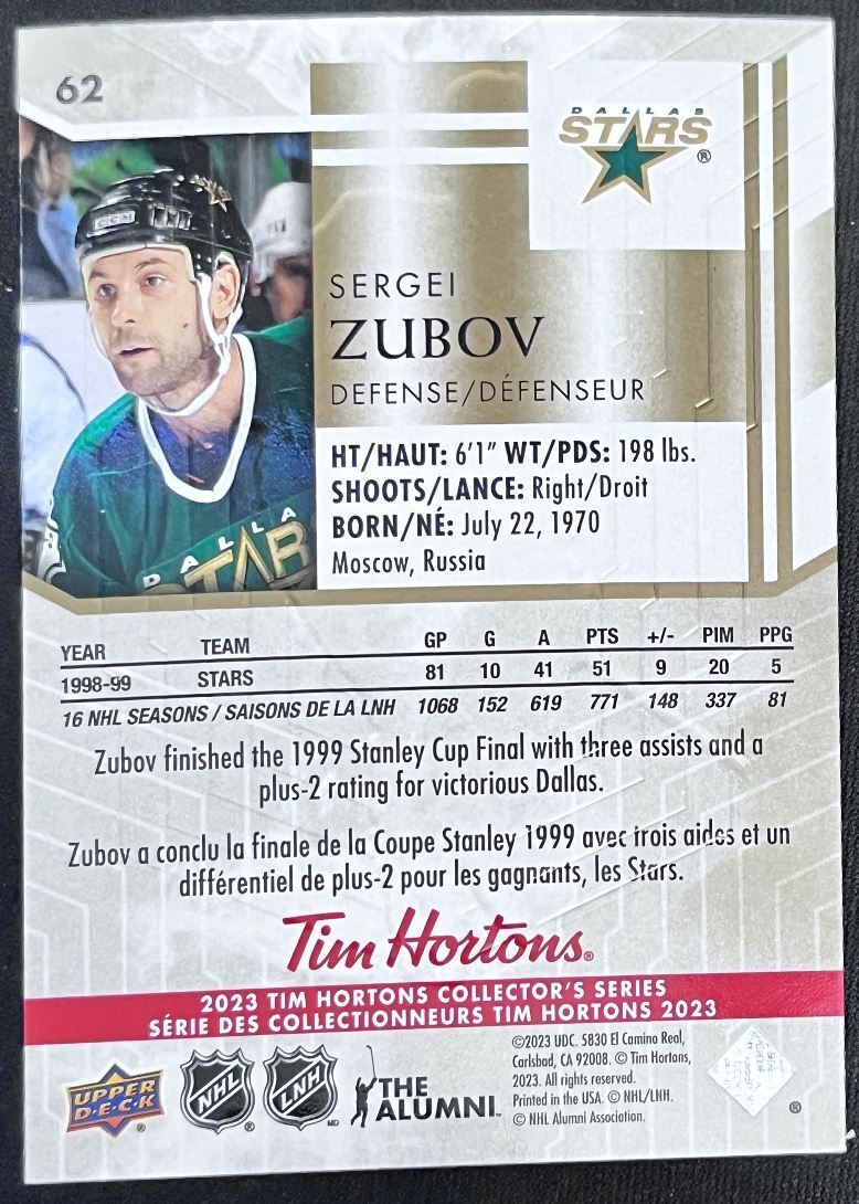 2023-24 Upper Deck Tim Hortons Legends Tim Horton Sergei Zubov Dallas Stars #62