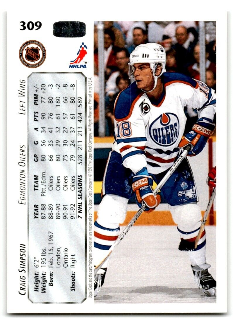 1992-93 Upper Deck Craig Simpson Edmonton Oilers #309