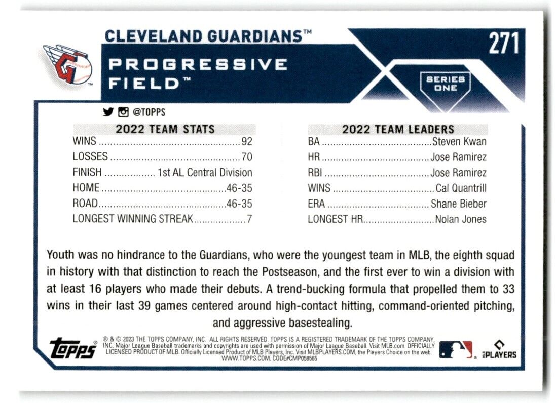 2023 Topps Cleveland Guardians Cleveland Guardians #271