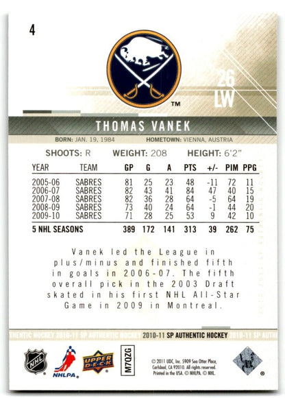 2010-11 SP Authentic Thomas Vanek Buffalo Sabres #4