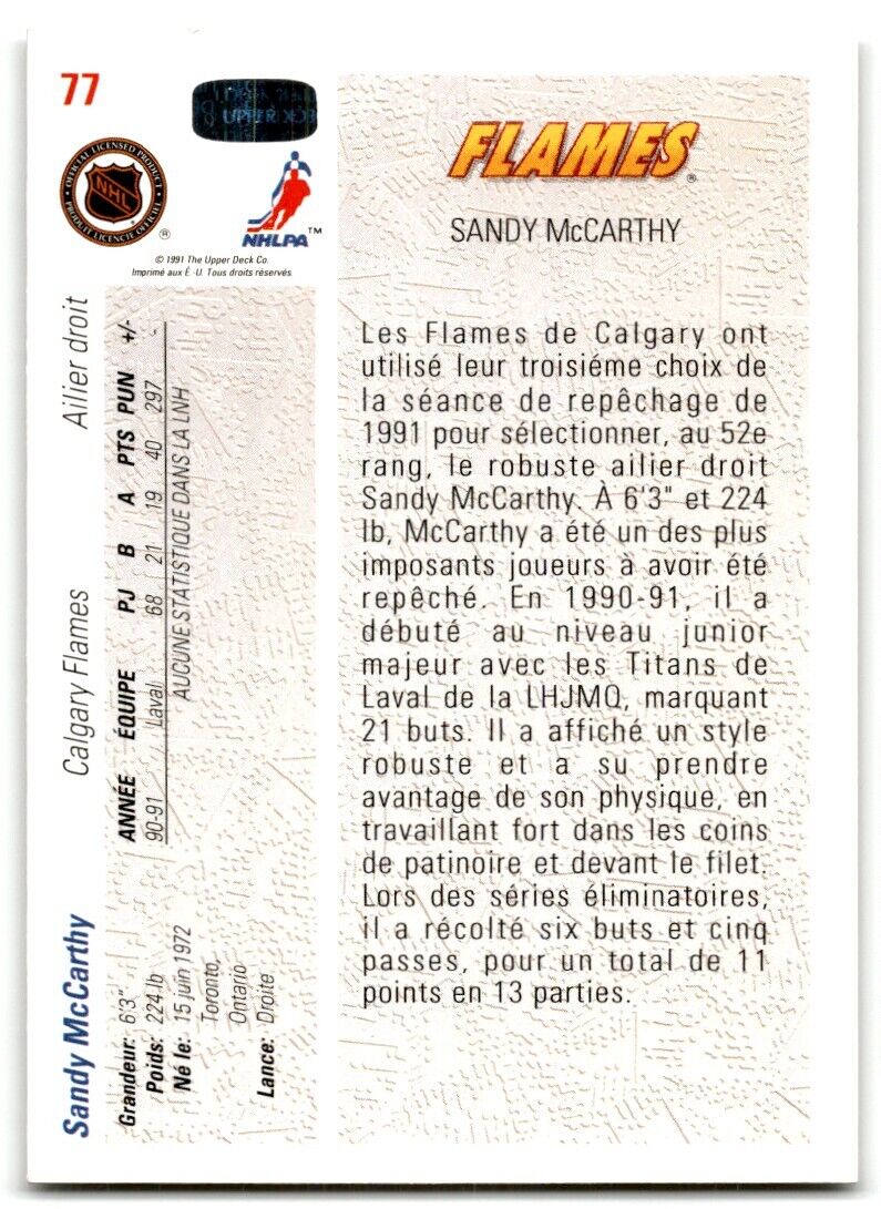 1991-92 Upper Deck French Sandy McCarthy Rookie Calgary Flames #77