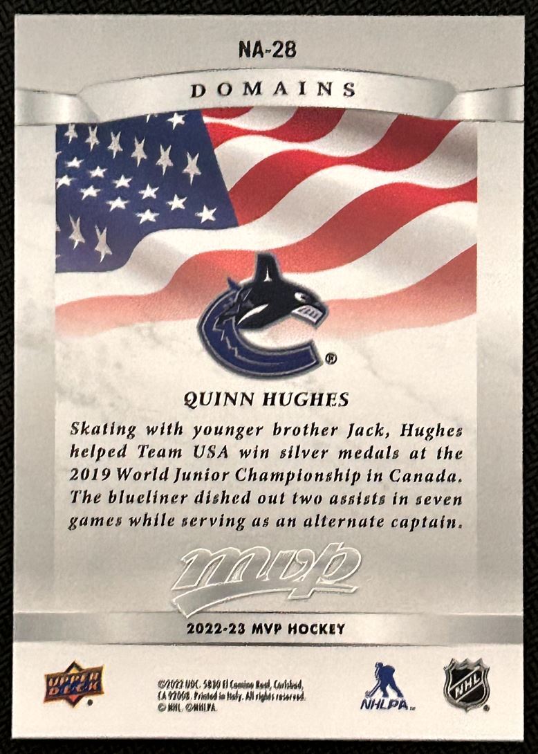 2022-23 Upper Deck MVP Domains Quinn Hughes Vancouver Canucks #NA-28