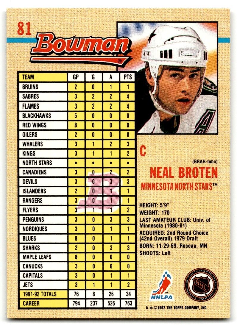 1992-93 Bowman Neal Broten Minnesota North Stars #81