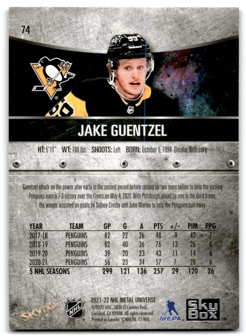 2021-22 Skybox Metal Universe Jake Guentzel Pittsburgh Penguins #74